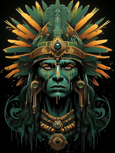 Diseño de camiseta de guerrero azteca con atuendo ceremonial con un arte vectorial plano 2D estoico E Macuahuitl