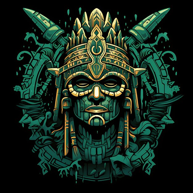 El diseño de la camiseta del guerrero maya con una expresión feroz de Macuahuitl Vibrant Ja 2D Flat Vector Art