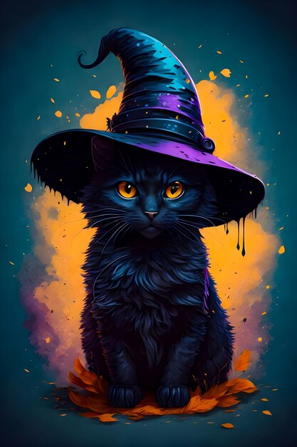 Foto diseño de camiseta de halloween gato negro con sombrero de bruja en calabaza naranja