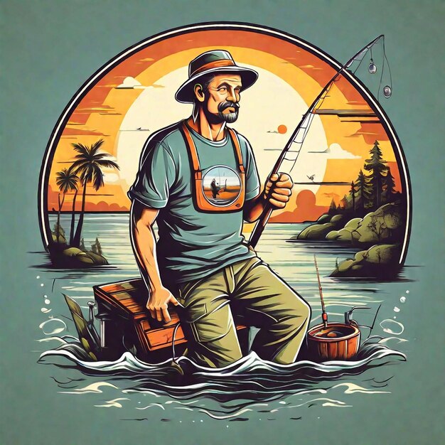 Foto diseño de camiseta de un hombre pescando ilustración en estilo retro