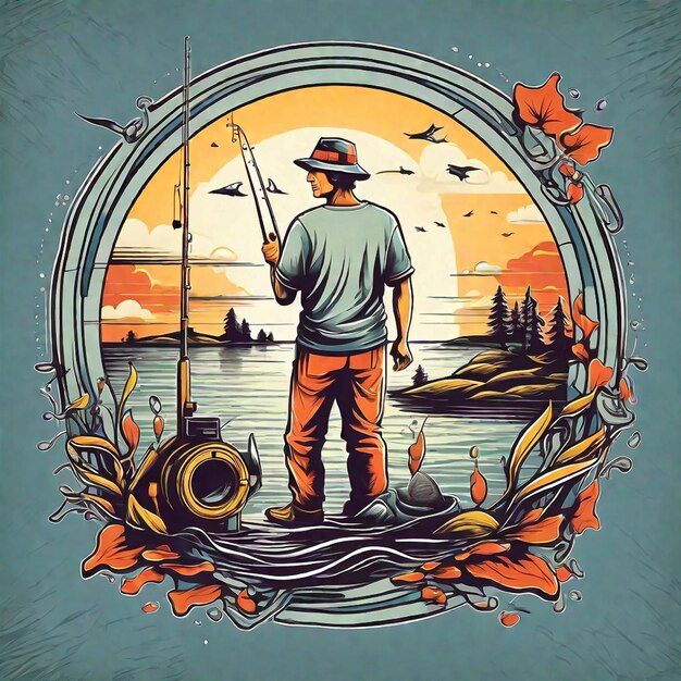 Foto diseño de camiseta de un hombre pescando ilustración en estilo retro