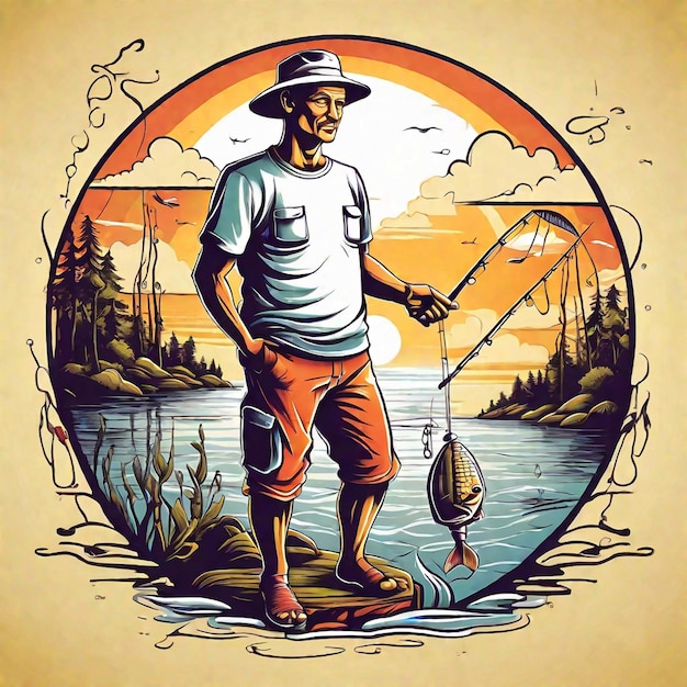 Foto diseño de camiseta de un hombre pescando ilustración en estilo retro