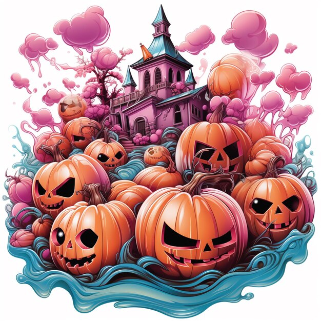 Diseño de camiseta de ilustración 3D de calabaza de Halloween sobre un fondo blanco