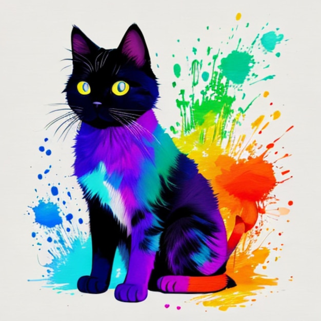 Diseño de camiseta con ilustración de gato con pinceles coloridos