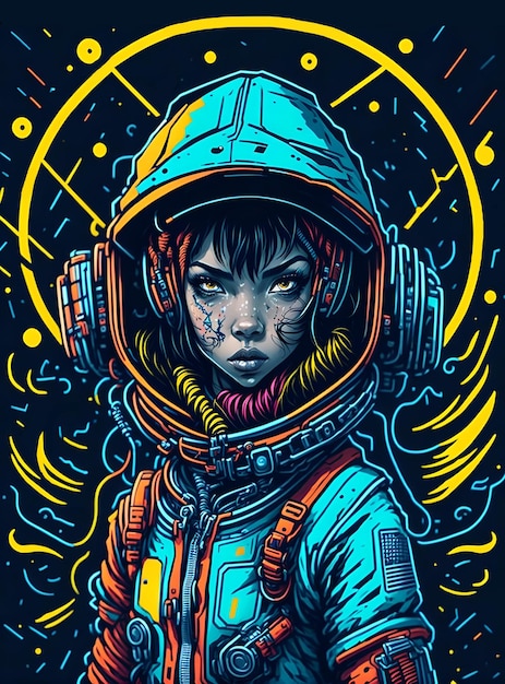 Foto diseño de camiseta con ilustración generada por ia de mujer astronauta