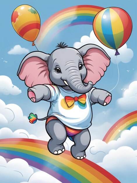 diseño de camiseta de ilustración vectorial elefante bailando en un arco iris