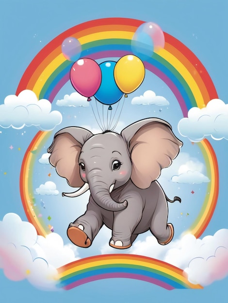 diseño de camiseta de ilustración vectorial elefante bailando en un arco iris