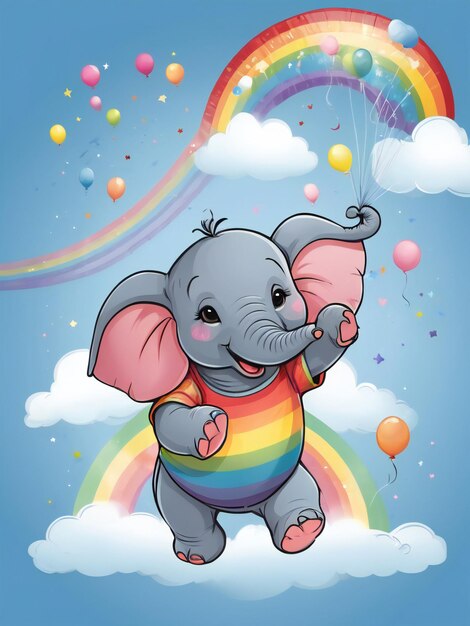 Foto diseño de camiseta de ilustración vectorial elefante bailando en un arco iris