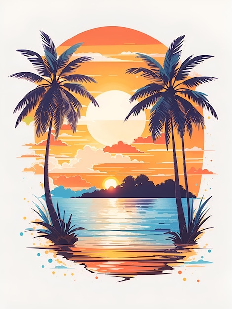 Diseño de camiseta con ilustraciones de cocoteros al atardecer ilustración plana