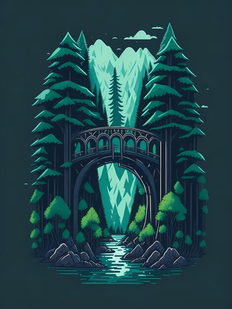 Un diseño de camiseta mágica de Bridge Forest Landscape