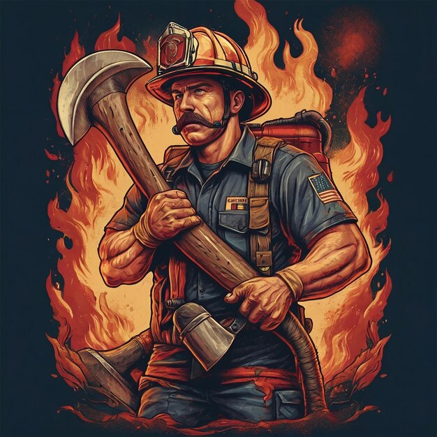 Foto diseño de camiseta o cartel con ilustración de un bombero con hachas