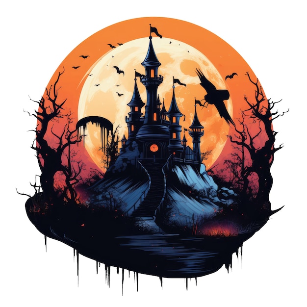 Diseño de camiseta o póster redondo con tema de Halloween del castillo en IA blanca