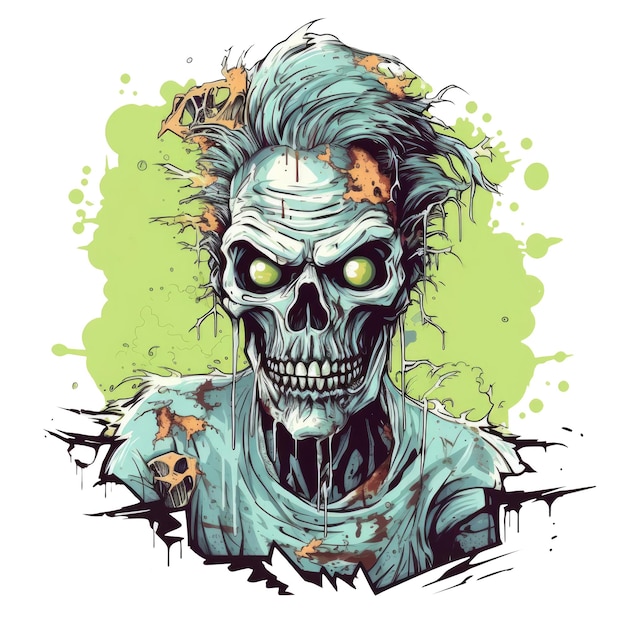 Diseño de camiseta o póster con tema de Halloween zombie en IA blanca.