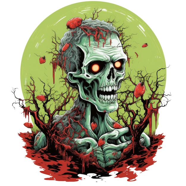 Diseño de camiseta o póster con tema de Halloween zombie en IA blanca.