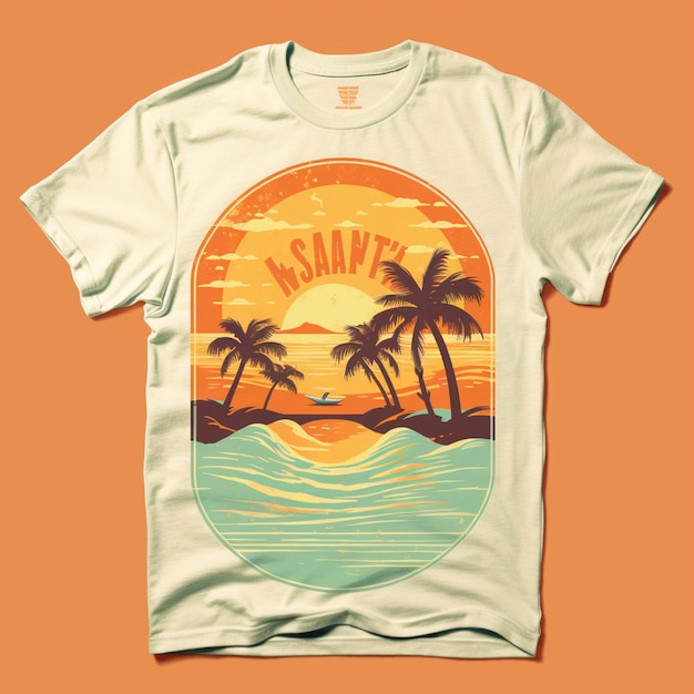 Diseño de camiseta con palmeras con vistas al mar y puesta de sol.