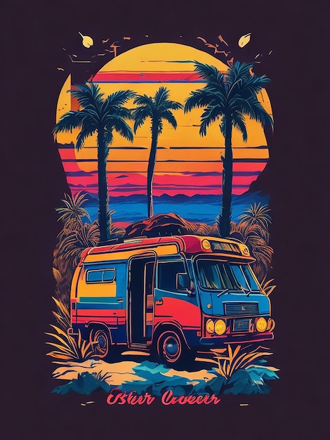 Foto diseño de camiseta puesta de sol palmera agua camper autobús oxidado tablones de madera nostalgia tropical