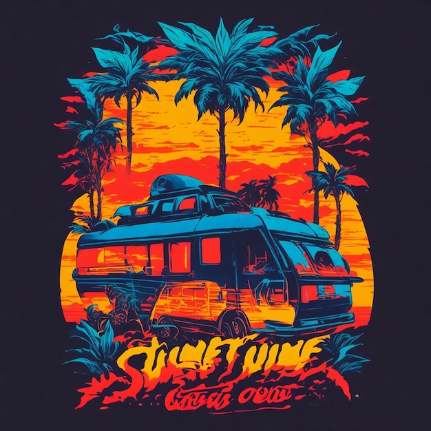 Foto diseño de camiseta puesta de sol palmera agua camper autobús tablones de madera oxidados parada de nostalgia tropical