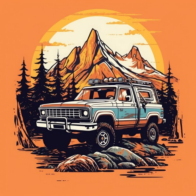 Un diseño de camiseta resistente y aventurero con los icónicos Broncos de 1978 en un todoterreno generado por IA