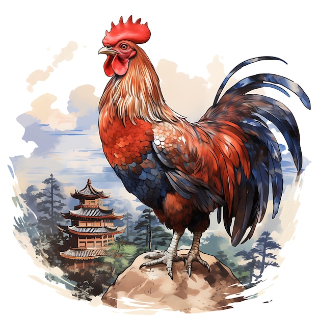 Diseño de camiseta de retrato de gallo con túnica tradicional china Arte seguro Vector de tinta 2D