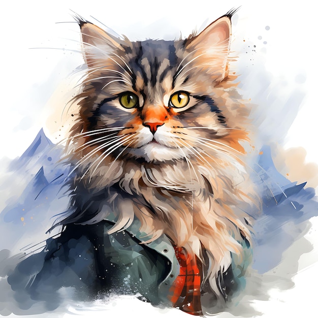 Diseño de camiseta de retrato de gato con falda escocesa de tartán escocés Pose curiosa Pla Art Vector de tinta 2D