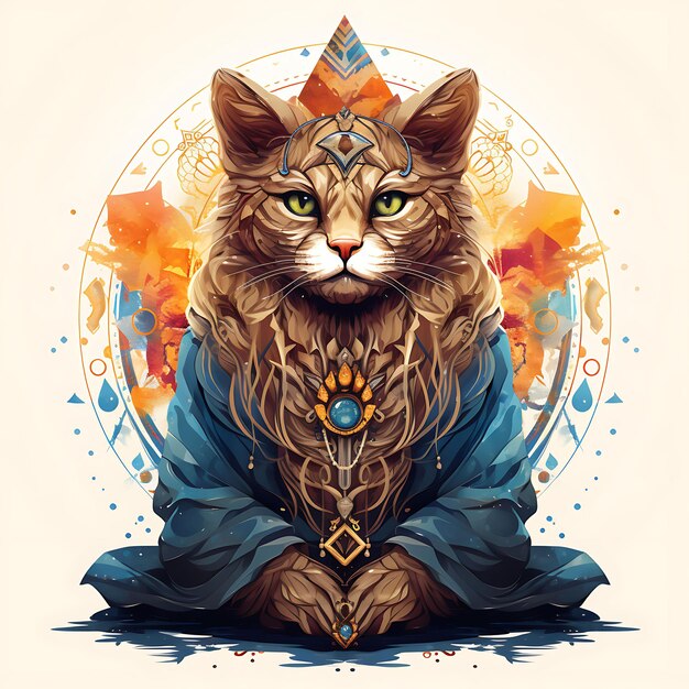 Diseño de camiseta de retrato de gato con un Kurta indio sentado en un vector de tinta 2D de arte meditativo