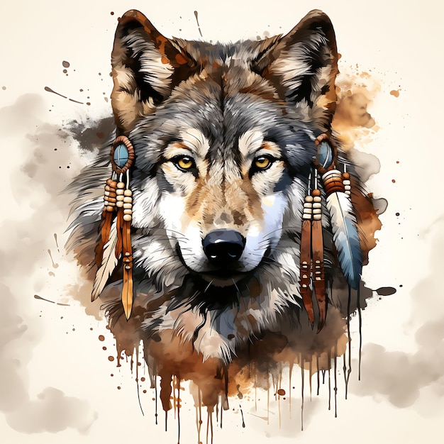 Diseño de camiseta de retrato de lobo con tocado de plumas de nativos americanos Vector de tinta 2D Fi Art