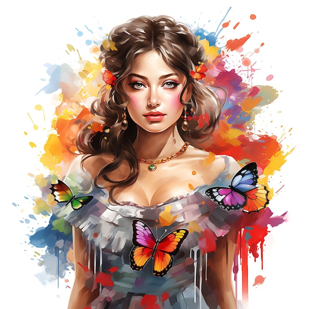 Diseño de camiseta de retrato de mariposa con vestido tradicional mexicano Vector de tinta 2D de arte delicado