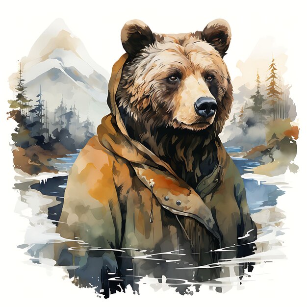 Diseño de camiseta de retrato de oso con un chal tradicional ruso pescando Po Art Vector de tinta 2D