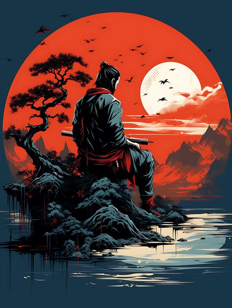 Diseño de la camiseta del samurai Ronin con una postura contemplativa con un Nodachi I Arte vectorial plano 2D