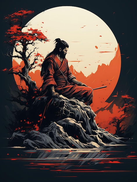 Diseño de la camiseta del samurai Ronin con una postura contemplativa con un Nodachi I Arte vectorial plano 2D