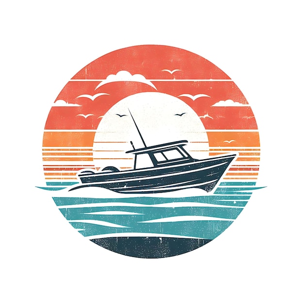 Diseño de camiseta con silueta de un barco al atardecer