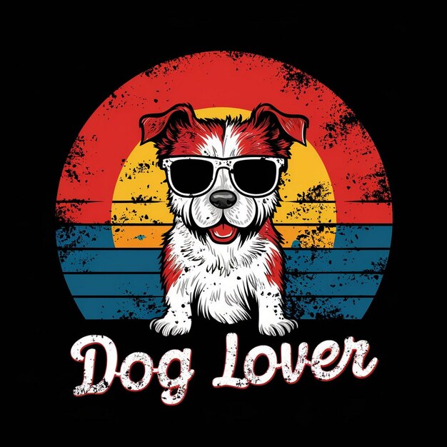 Diseño de camiseta vectorial Vintage Retro Sunset Angustiado con un lindo perro con gafas de sol y un amante del perro