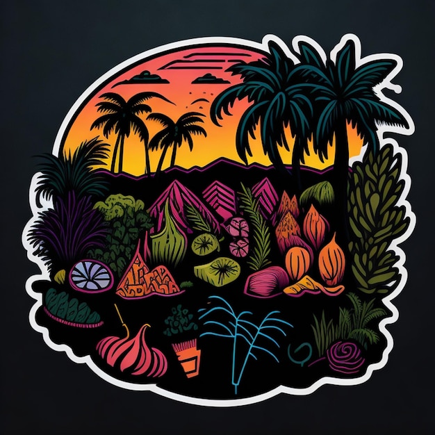 Diseño de camisetas tropicales de verano Estilo de contorno en negrita Mujeres en puestos de verduras y maquillaje de palmeras