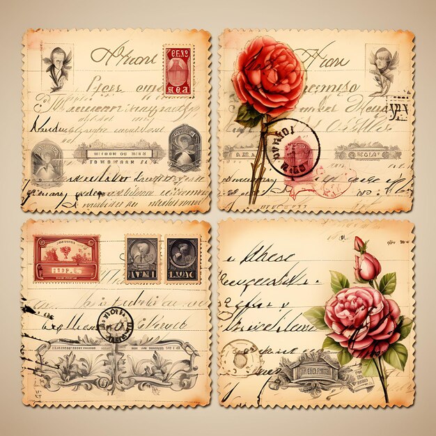 Diseño de cartas de amor antiguas sobre bordes sellos vintage acc clipart pie de página título arte