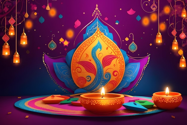 Diseño de cartel de celebración de feliz diwali de Shubh con lámpara de aceite realista encendida diya generada por ai