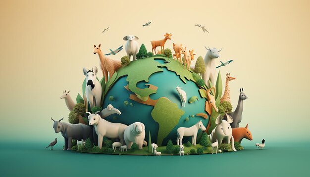 Diseño de cartel creativo del día mundial de los animales en 3D mínimo Representación realista