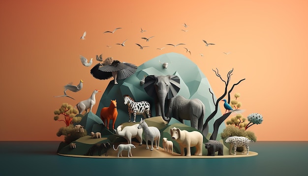 Foto diseño de cartel creativo del día mundial de los animales en 3d mínimo representación realista