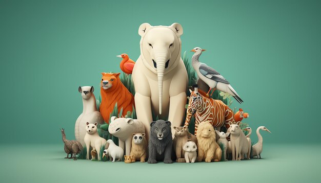 Foto diseño de cartel creativo del día mundial de los animales en 3d mínimo representación realista