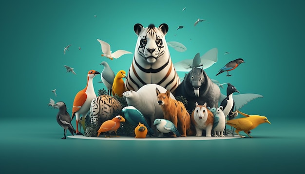 Foto diseño de cartel creativo del día mundial de los animales en 3d mínimo representación realista