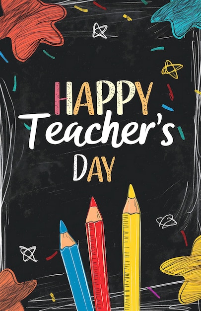 Diseño de cartel del Día de los Maestros con pizarra con las palabras HAPPY Teachers DAY