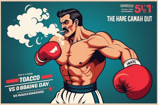 Diseño de cartel del Día Mundial sin Tabaco del 31 de mayo Un hombre golpeando una bolsa de arena de boxeo define a un hombre que está luchando para dejar de fumar