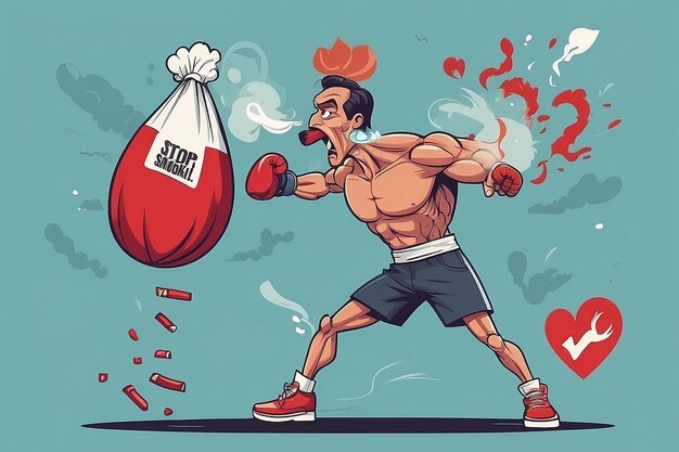 Diseño de cartel del Día Mundial sin Tabaco del 31 de mayo Un hombre golpeando una bolsa de arena de boxeo define a un hombre que está luchando para dejar de fumar