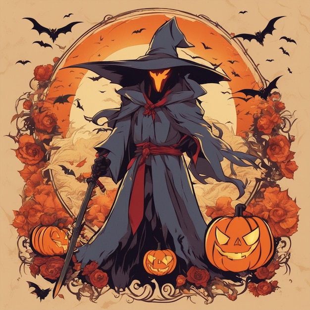 Diseño De Cartel De Halloween Vintage Con Fondo De Pantalla De Personaje De Murciélago Fantasma Demonio Diablo Reaper Vector