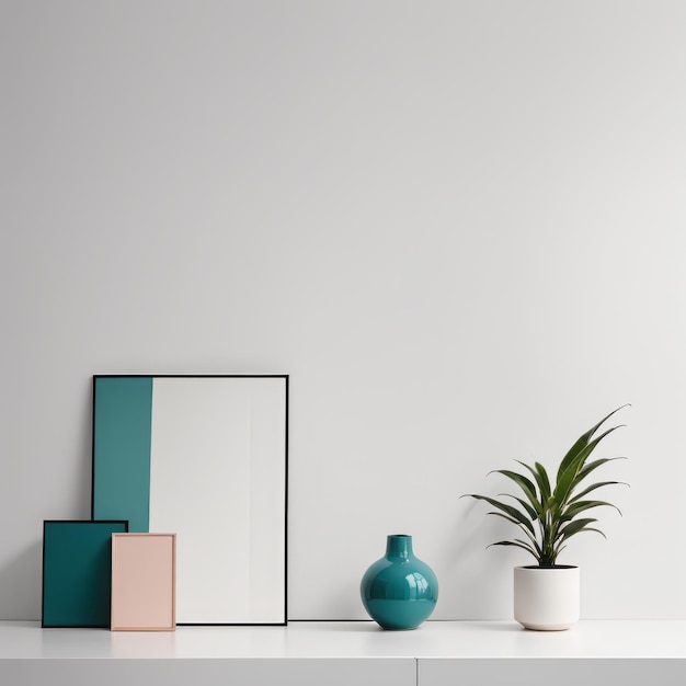 diseño de cartel mínimo con marcos geométricos y plantas en fondo de pared azul pastel hogar moderno d