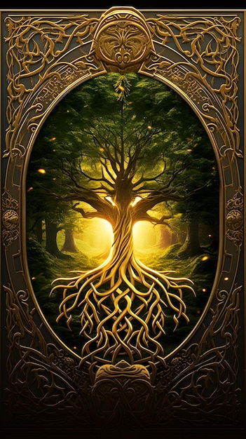 Foto un diseño de cartel de novela de alta fantasía con un portal a otro mundo con un mágico árbol dorado de li