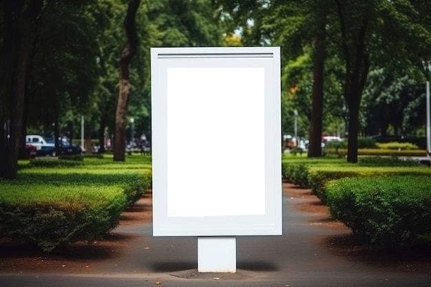 Diseño de un cartel publicitario blanco al aire libre en un parque con árboles