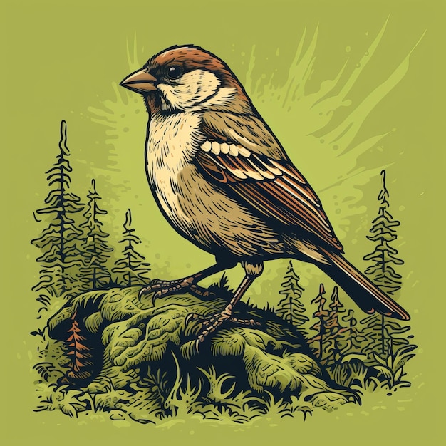 Diseño de cartel vintage pájaro en la roca en un bosque verde