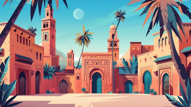 Diseño de carteles de arquitectura de Marruecos Fondo vertical de edificios bereberes Ilustraciones de antiguas ciudades árabes Marrakech y Medina arte mural oriental oriental plano de colores moderno