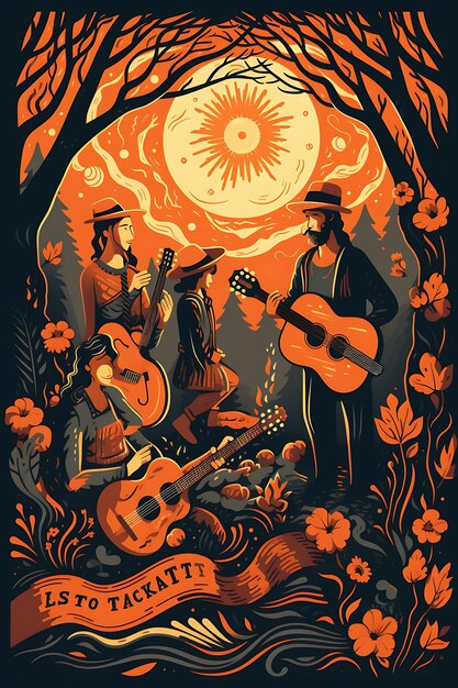 Diseño de carteles de cantantes folclóricos actuaciones acústicas alrededor del fuego marrones terrosos Vector camiseta plana 2D