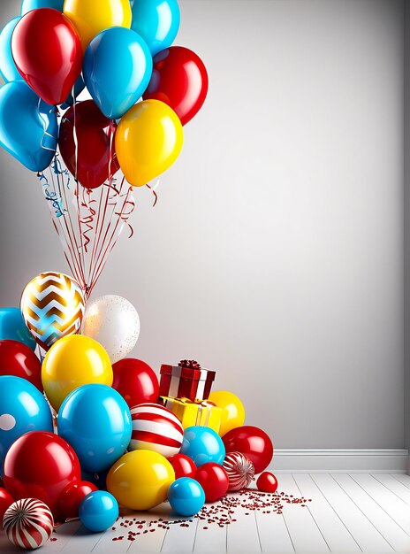 Foto diseño de carteles de fiestas de cumpleaños banner copyspace fondo de fiestas globos pastel de champán